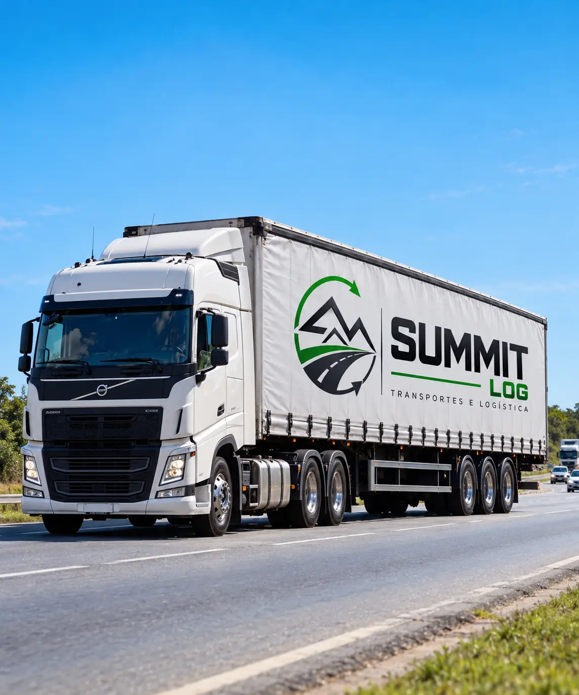 Carreta sider com o logo Summit Log aplicado na lona lateral — composição ilustrativa
